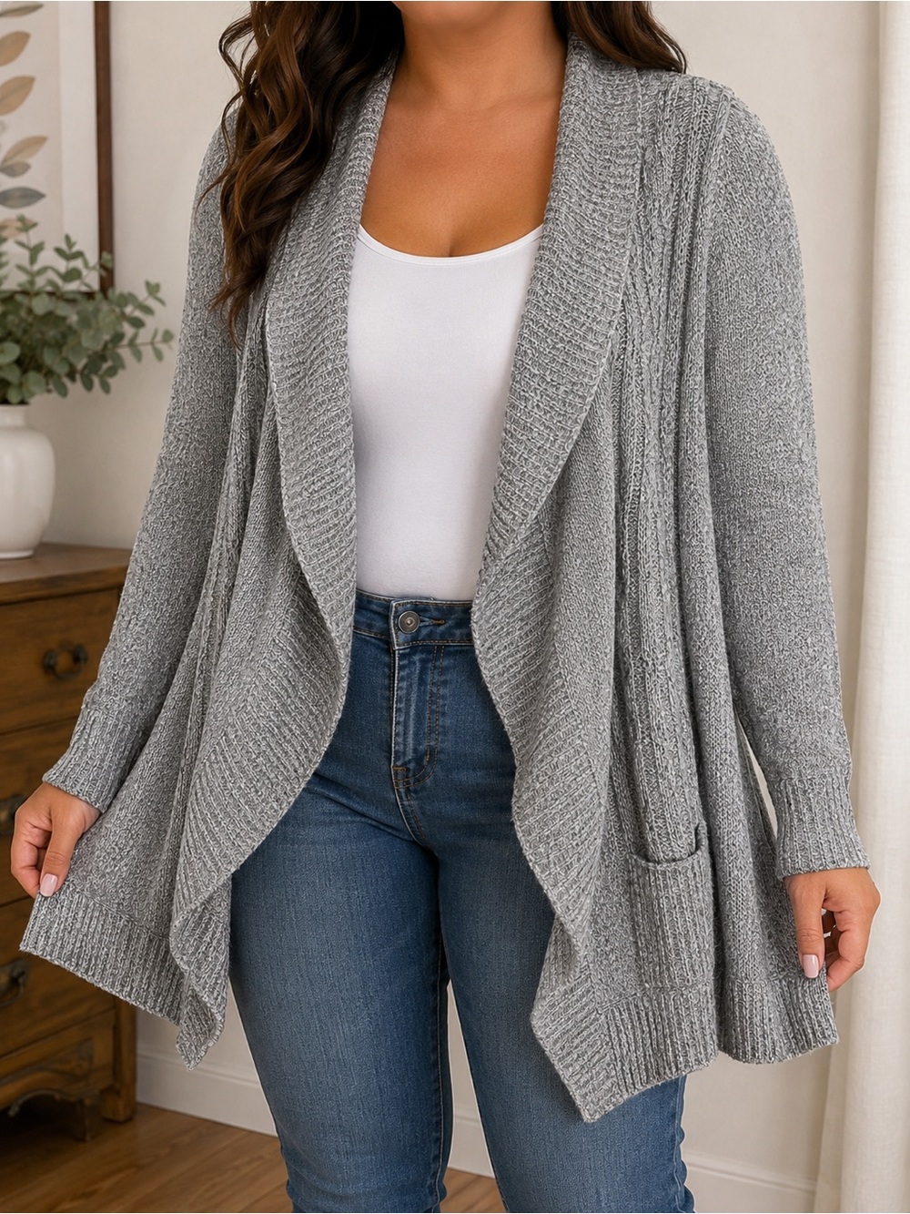 Karen Scott Women’s Large Gray Taupe Open Front Cardigan Sweater